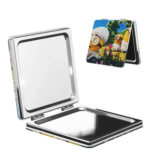 Pofeuu Minions Miroir de Maquillage de Poche Portable Couverture en PU Miroir de Voyage Compact avec Verre Double Face Normal et Grossissant-Forme Ronde-Carré