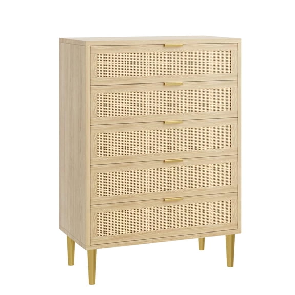 Wisykoke Rattan 5 Drawer Dresser Narrow Chest of Drawer, Farmhouse Vertical Dresser with Metal Legs and Handles, Cabinet for Bedroom, Living Room, Oak
