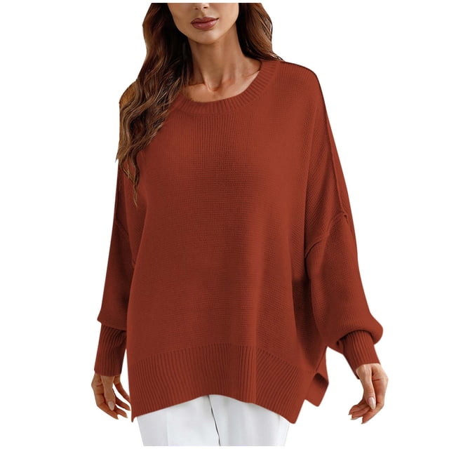 PEONAVET Chandail à Col Rond pour Femmes Mode Féminine Décontractée Ample Grande Taille Manches Longues Chandail Tricoté Chandail à Col Rond