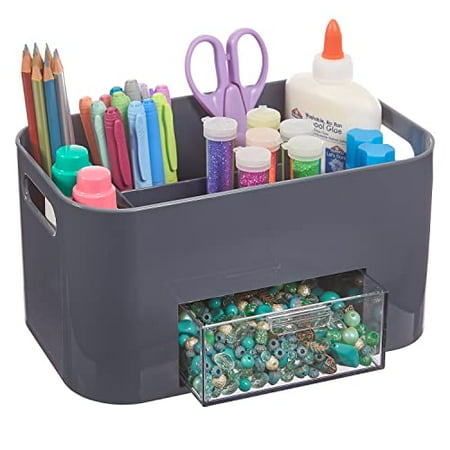 STORi Remix Plastic 4-Compartment Organizer with Removable Clear Drawer | Perfect for Arts and Crafts Supplies | Fill with Markers Pens Paint Brushes Stamps and more | Steel Grey