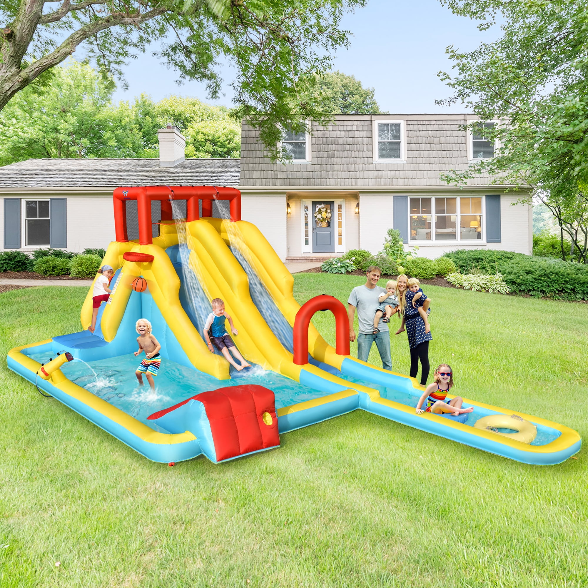 Costway 7 in 1 Inflatable Dual Slide Water Park Climbing Bouncer W/ 950W Blower