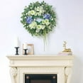 thumbnail image 3 of 26" Hydrangea & Eucalyptus Wreath for Front Door, Porch, Window - Large Artificial Silk Flowers Outdoor Wreath for Home, Farmhouse, Wedding Decor - Spring, Summer, All Seasons (White&Purple), 3 of 9