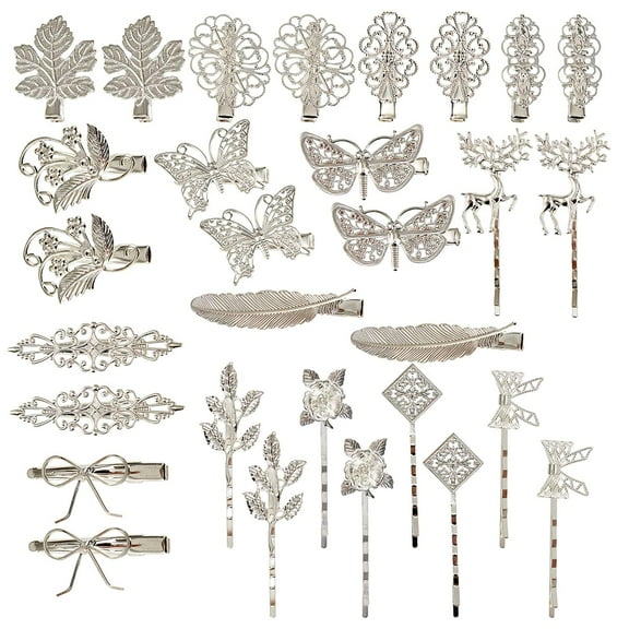30 Pack/15 Pairs Retro Vintage Metal Silver Alligator Hair Clips Barrettes Bobby Pins Leaf Flower Butterfly Accessories for Women Girls