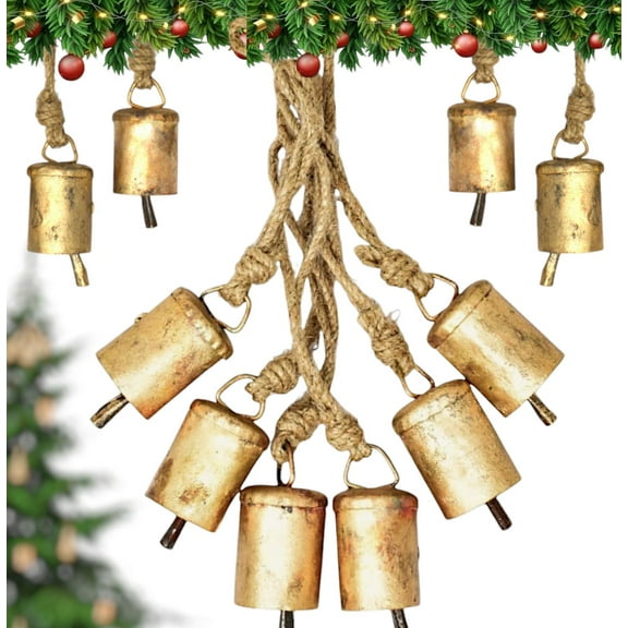 Set of 6 Rustic Metal Bell Ornaments for Christmas Tree, Handmade Vintage Gold Cowbells with Rope, Outdoor Christmas Decorations