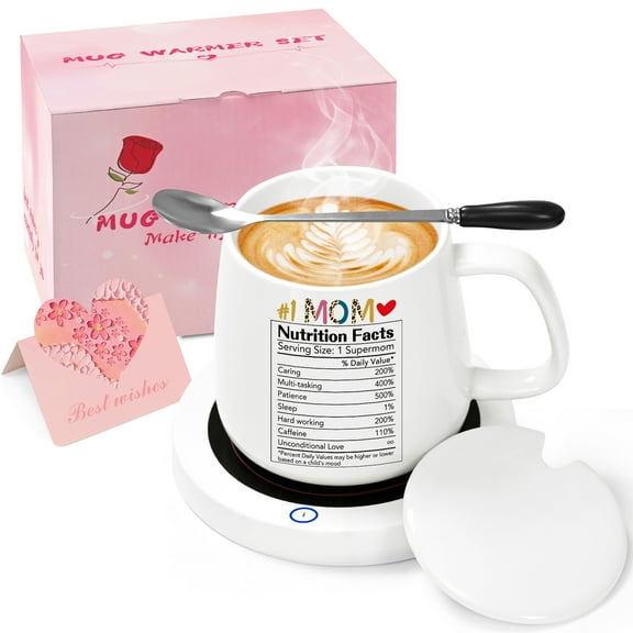 Gifts for Mom - Mom Nutrition Facts Coffee Mugs Warmer Set, Auto Shut Off Smart Coaster, Mom Gifts, Natubeau White 14 fl oz Mugs Smart Warmer