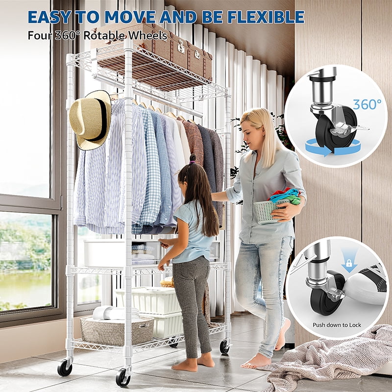 Heavy Duty Rolling Garment Rack 3 Tiers Adjustable Wire Shelving Clothes Rack with Rods and Side Hooks, Storage Closet Clothing Rack with Wheels White 15.7" D x 29.5" W x 74.5" H