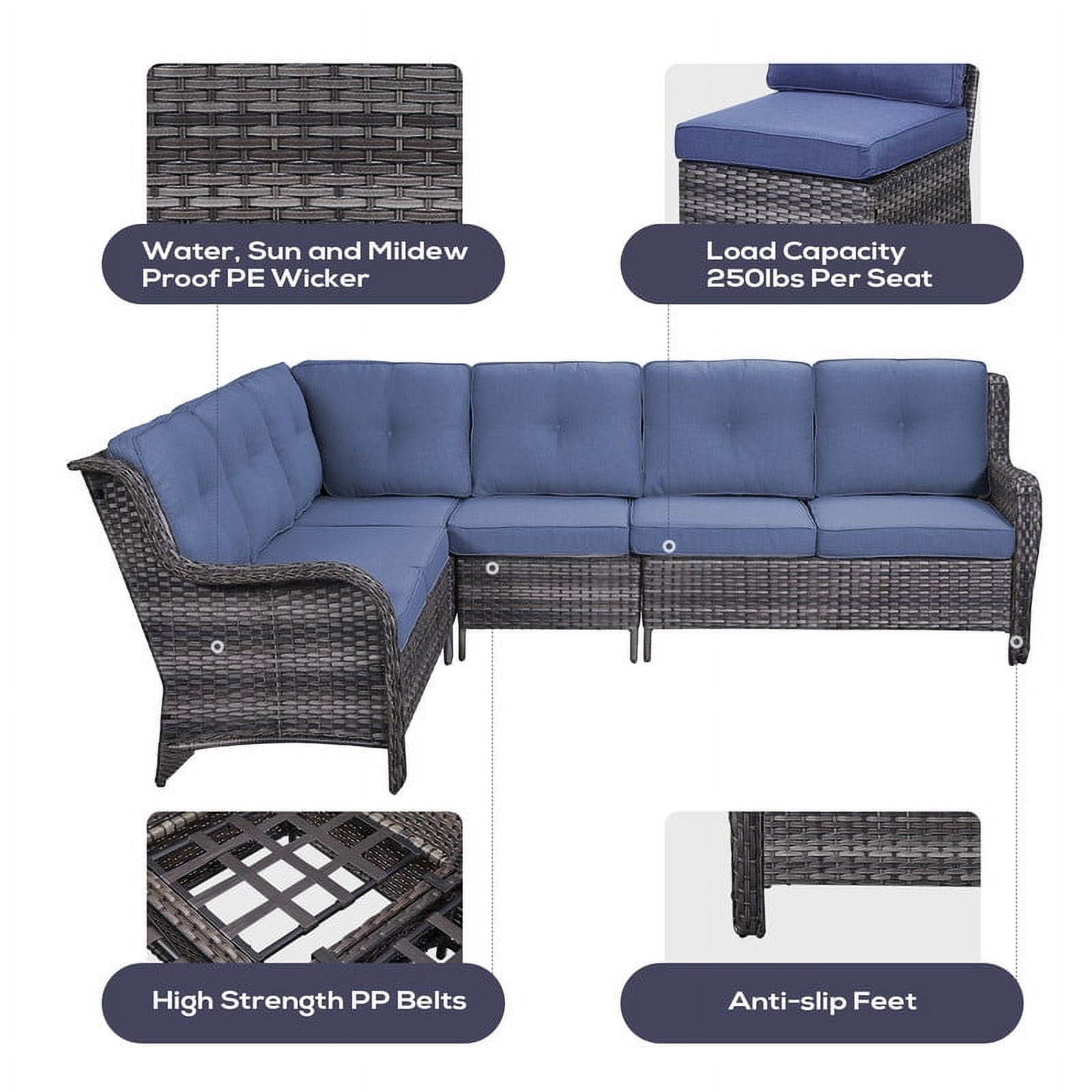 PARKWELL Outdoor Patio Furniture Set with Fire Pit Table,All-Weather Conversation L-Shaped Sectional Sofa with No-slip Thick Cushions,Backyard Porch Garden Poolside Balcony Set,Gray/Navy