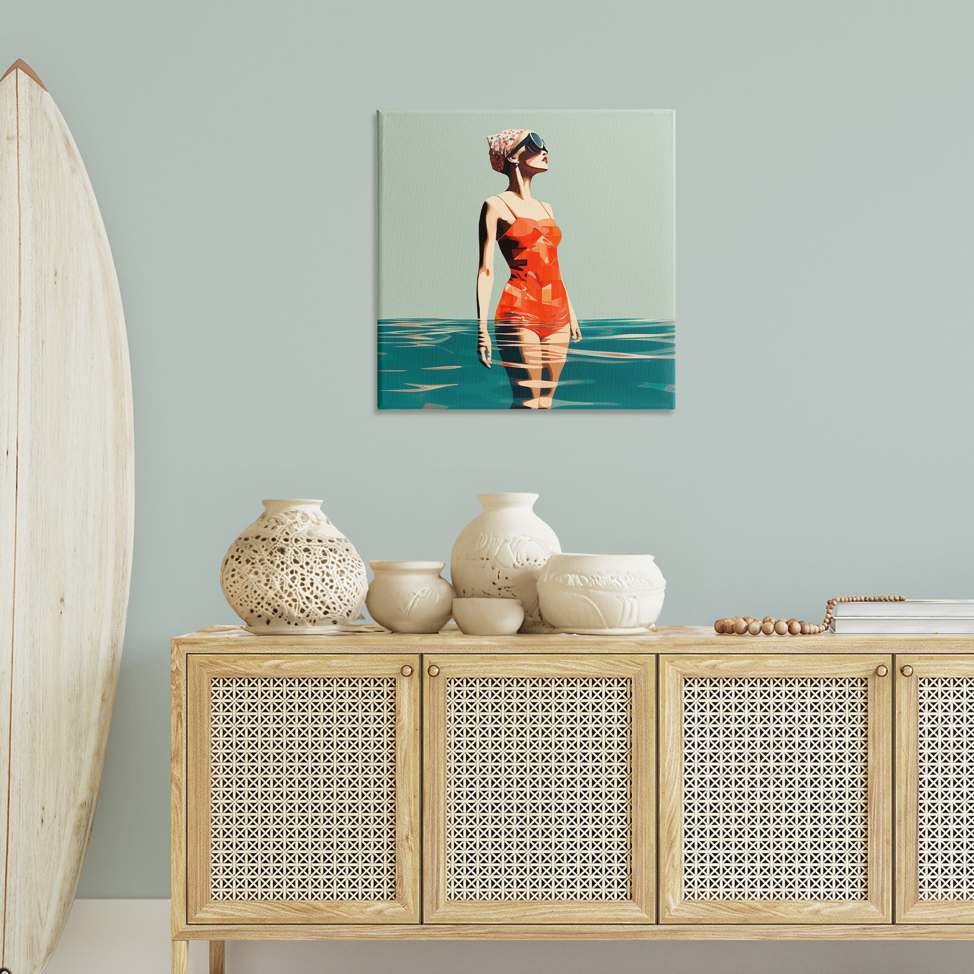 Stupell Industries Retro Woman in Swimsuit Novelty Painting Gallery Wrapped Canvas Art Print Wall Art, 30 x 30