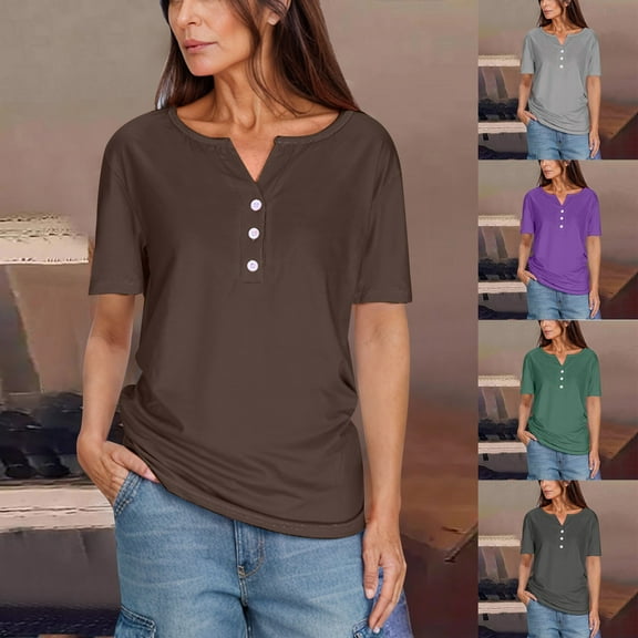 Women's T-Shirts Button Down Tunic Tops Short Sleeve Floral Blouse Henley V Neck Summer Clothes, 2025