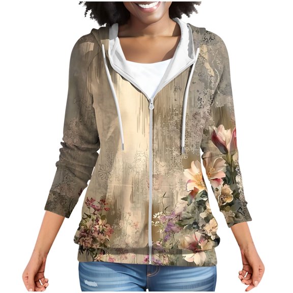 Wensltd Long Sleeve Tops for Women Zip Up Hoodies Casual Loose Lightweight Fall Sweatshirtwith Pockets