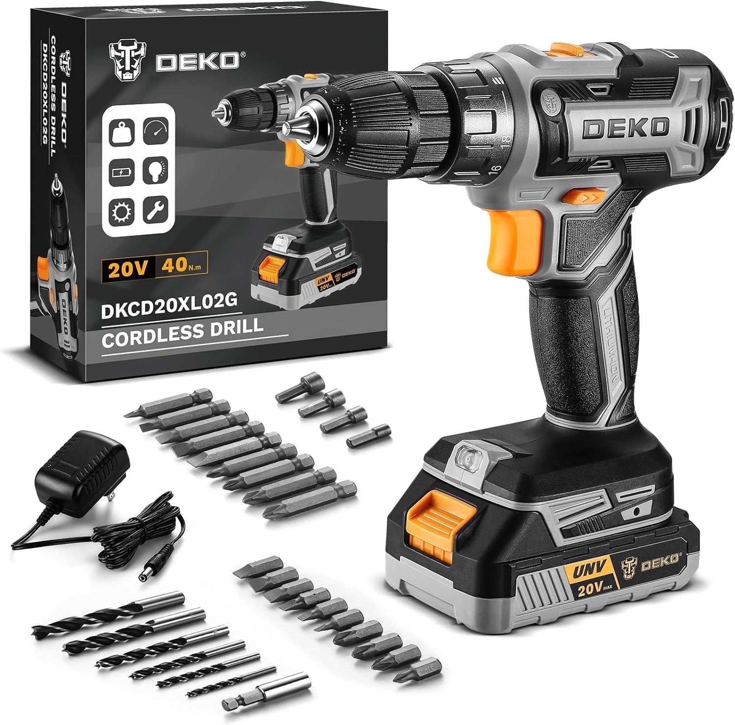 DEKOPRO fba20vg 20V, Cordless Electric 0.38 in. Drill, 1.5Ah, 40 Nm 1350RPM