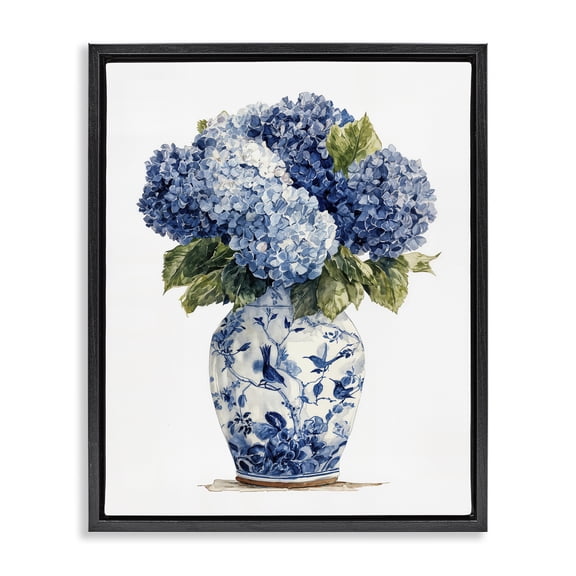 Stupell Industries Blue Hydrangeas in Porcelain Black Framed Floater Canvas Wall Art, design by Imagine It Images