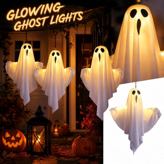Halloween Light Up Ghost Decorations 3 Pack, 20 Inch Hanging Flying Ghosts with LED Glow, Outdoor Indoor Yard Lawn Patio Garden Party Decor, White Polyester