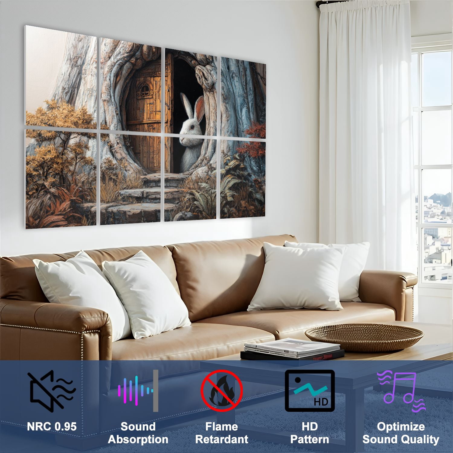 8 Pack Art Acoustic Panels Whimsical Rabbit Fantasy Tree House Forest Rabbit Swing Tree Door Self Adhesive Sound Absorbing Panels for Home Office Studio Media Room 48"x32"