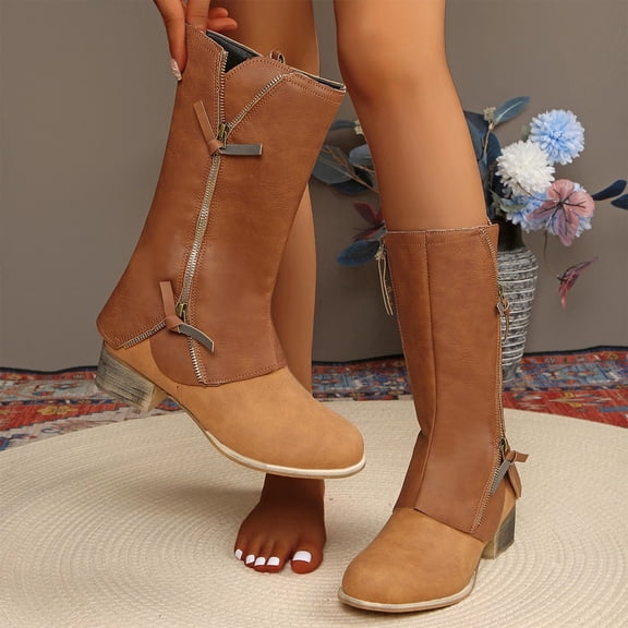 Viluyesy Womens Mid Calf Boots, Comfortable Chunky Heels Side Zipper Ladies Fashion Retro Boots Brown US8.5