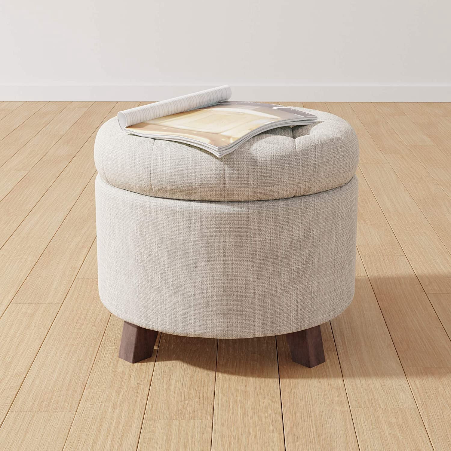 Round Storage Ottoman Foot Rest with Button Tufted Upholstery, Sturdy Linen Fabric, Multipurpose Footstool with Storage for Living Room and Bedroom 20" x 17" Beige