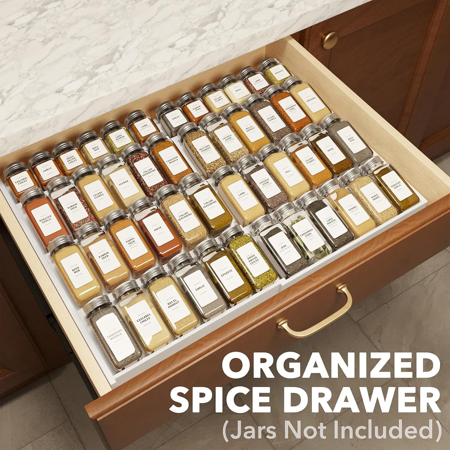 SpaceAid Bamboo Spice Drawer Organizer, Expandable, from 12" to 23" Wide (Need 3" Deep Drawer, Jars Not Included), White