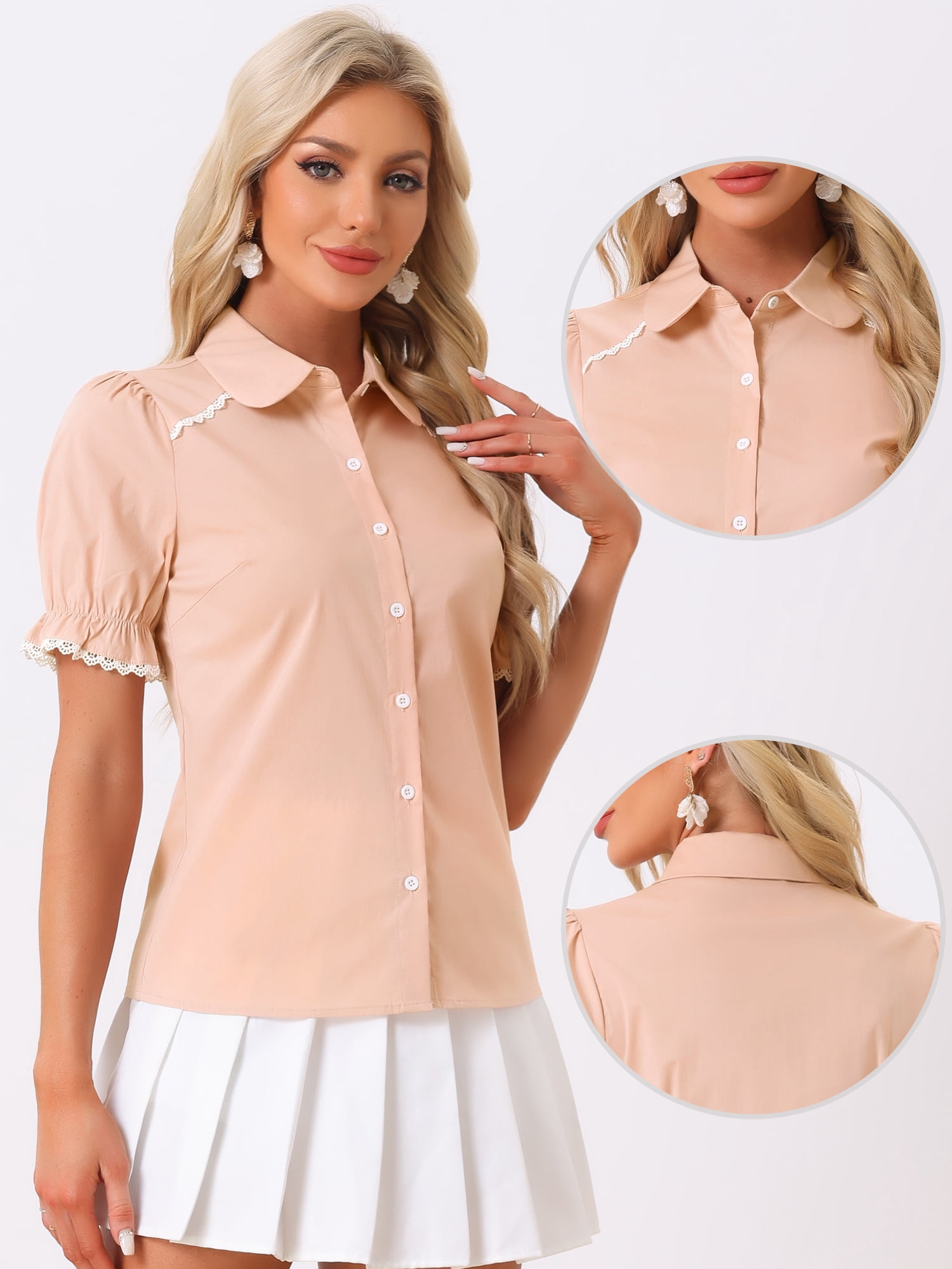 DARING DIVA Women's Peter Pan Collar Contrast Trim Puff Sleeve Shirt S Dusty Pink