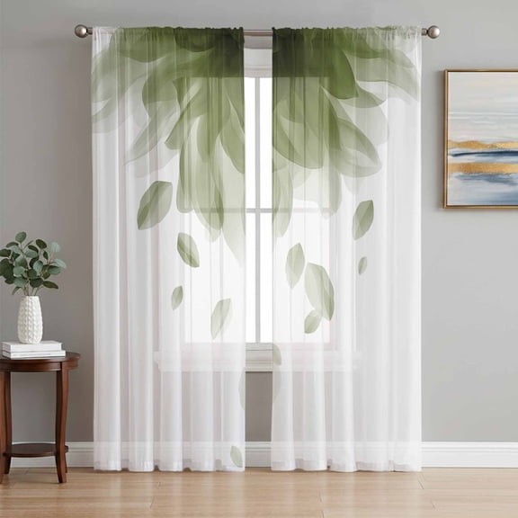 Modern Sage Green Sheer Curtains 96 Inch Length 2 Panels Set, Gradient Floral Abstract Bohemian White Voile Window Treatment Semi Sheer Long Curtains Drapes for Bedroom/Living Room/Kitchen 52"x96"x2