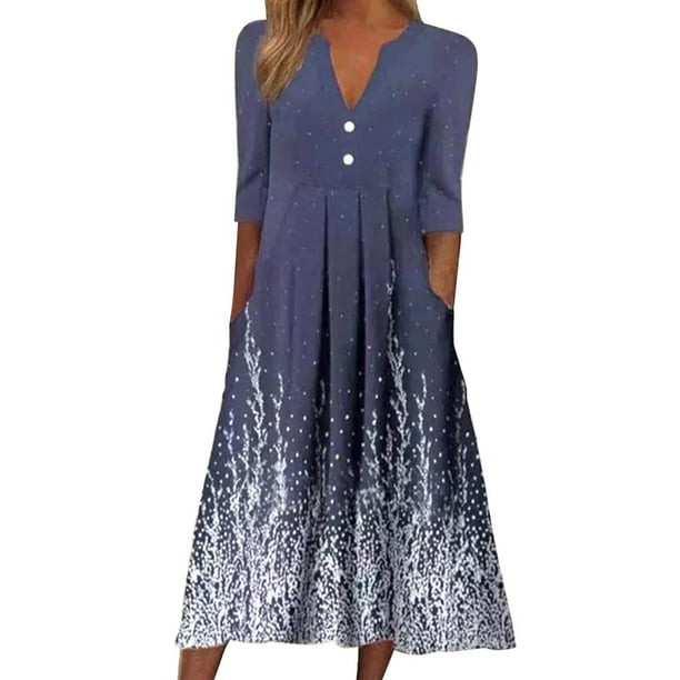 Vestidos largos de media manga con cuello en V y botones adelgazantes estampados a la moda informal para mujer Fridja bnh2931