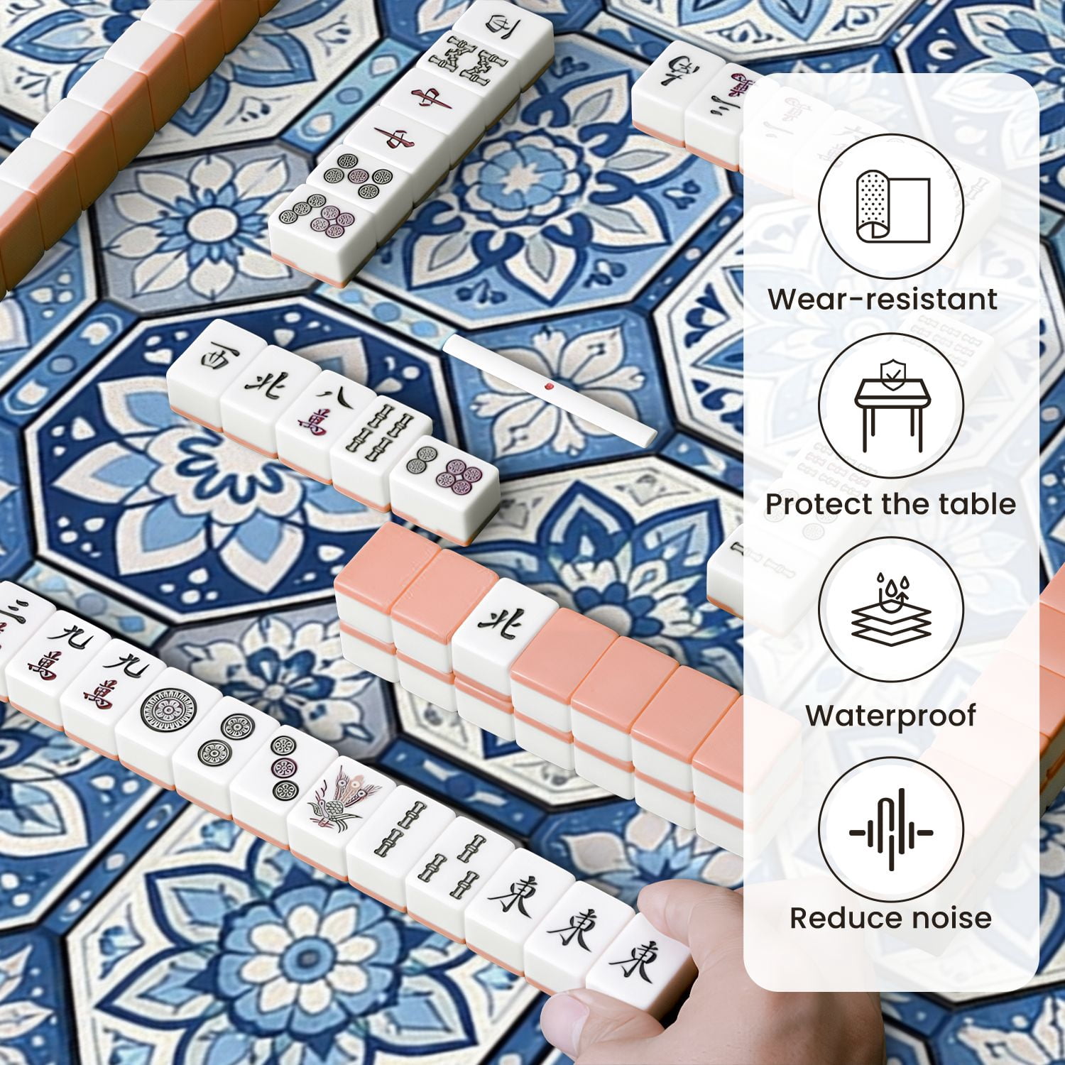 Mahjong Mat 31.5" x 31.5" Blue Floral Intricate Tile Geometric Shapes Anti-Slip and Noise Reduction Symmetry Design Mahjong Tiles Table Cover for Dominoes Poker Card Board and Tile Games