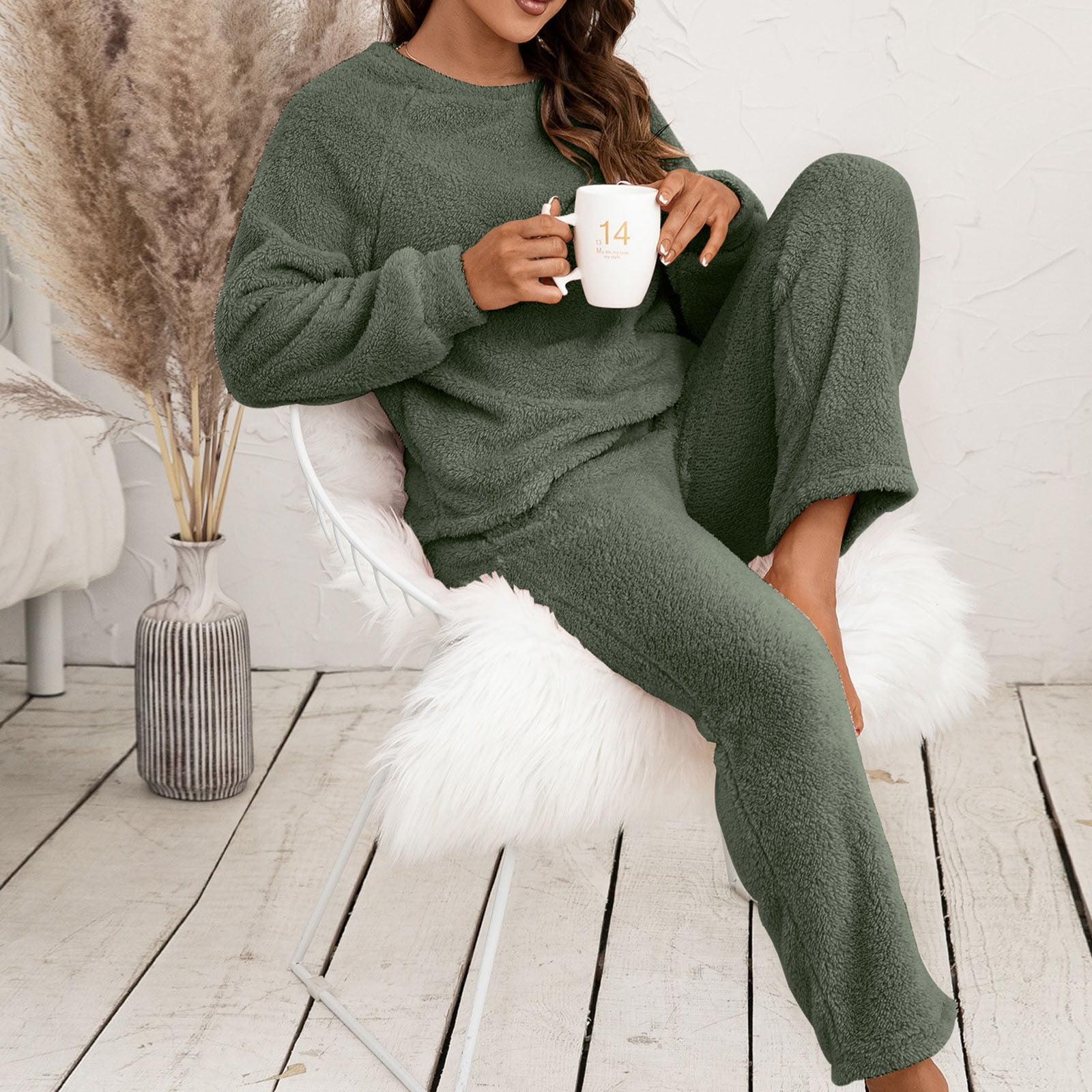 Bowake Women s Fuzzy Fleece Lounge Sets Casual Pajamas Sets Long Sleeve Pullover And Pants Set 2 Piece Plush Outfits Purple