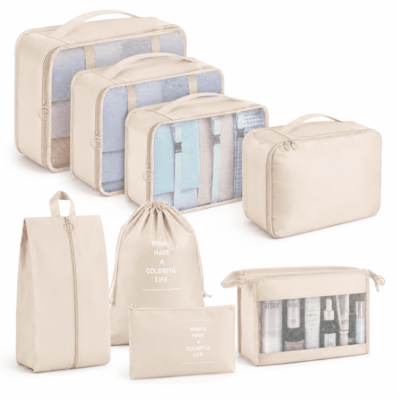 Packing Cubes - 8 PCS Travel Luggage Organizers Set Waterproof Suitcase Organizer Bags Travel Essentials Clothes Shoes Cosmetics Toiletries Storage Bags (Beige)