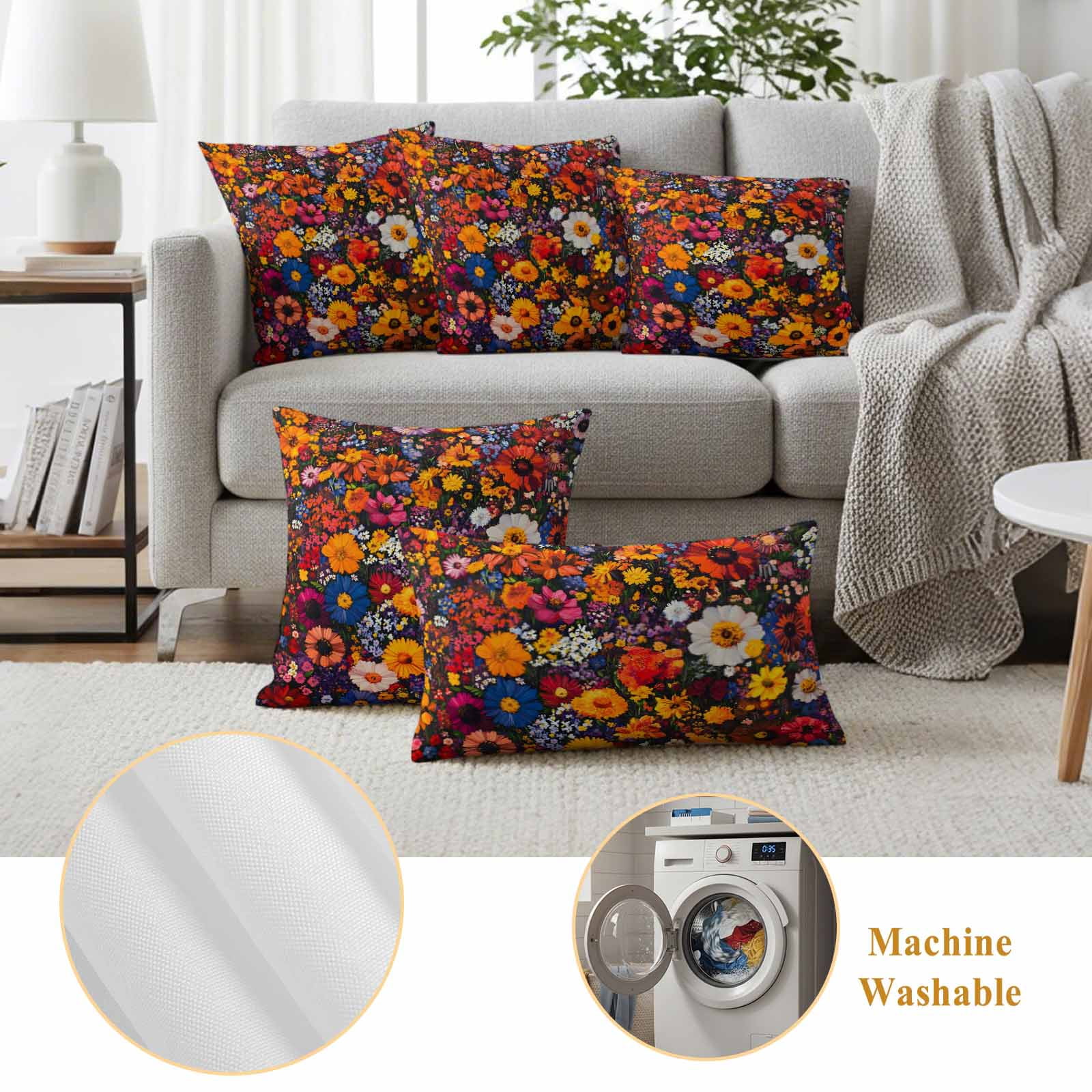 Red Orange Floral Pillow Covers 2 Pack Spring Flower Green Leaf Plant Farm Watercolor Pillowcase Waterproof Outdoor Throw Pillow Cover for Patio Balcony Rectangular Cushion 20”x12”