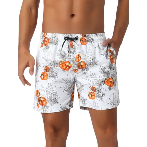 INSPIRE CHIC Men's Summer Hawaiian Pattern Drawstring Elastic Waist Mesh Lining Board Shorts 30 White