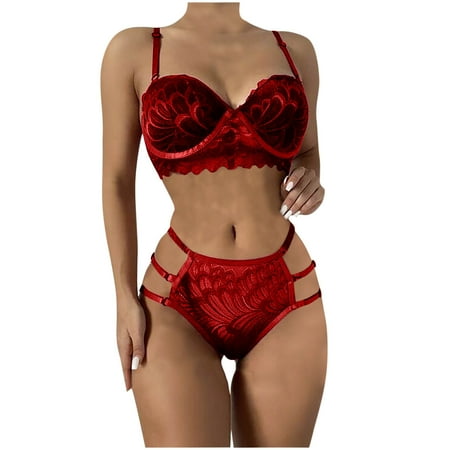 

Aoochasliy Bras for Women Clearance Sexy Solid Color Bralette Panty Strappy Lace Embroidery Lingerie Set