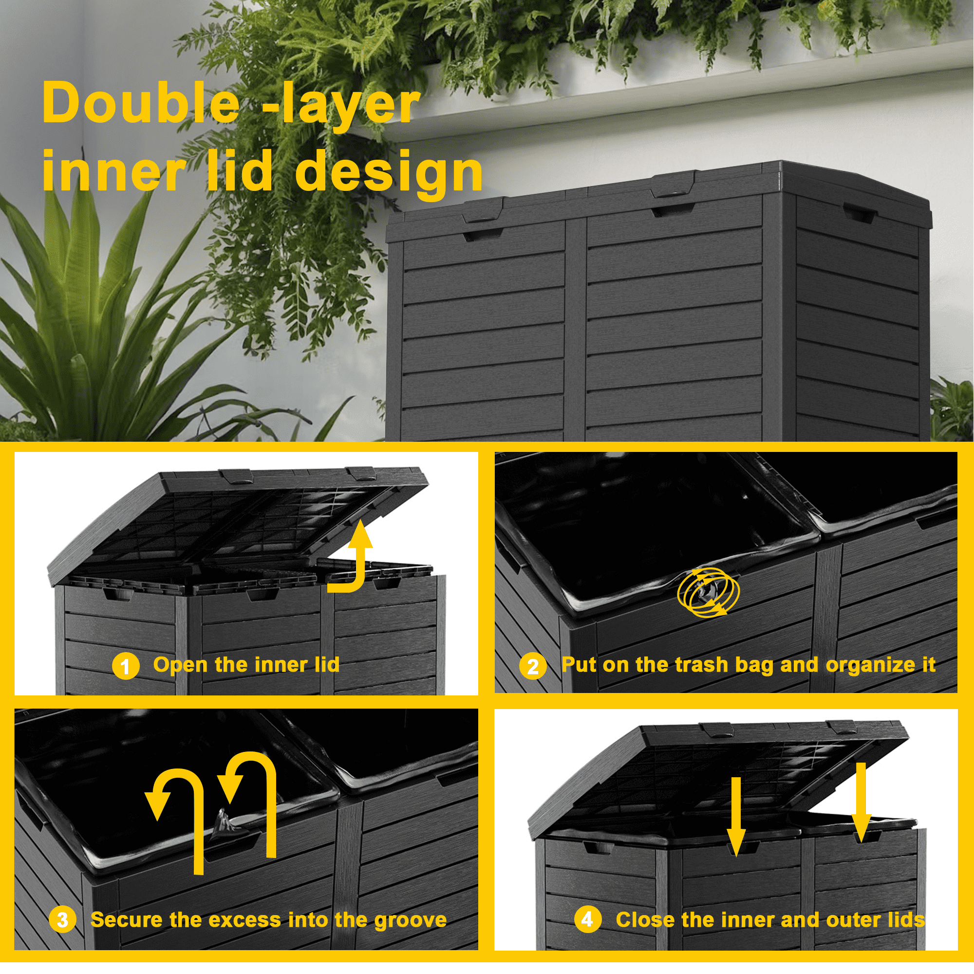 EasyUp Outdoor Trash Can with Lid, Outdoor Trash Bin & Pull-Out Liquid Drawer, Dual Lid Closure Design, Waterproof Resin Garbage Can Container for Patio, Backyard, Deck (Black,62)