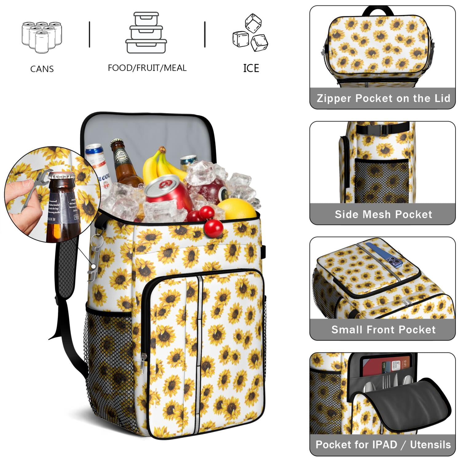 Travel Cooler Bag - White Sunflower Camping Beer Cooler Backpack with Bottle Opener- Waterproof Insulated Picnic Backpacks - Cooler Bag for Beach