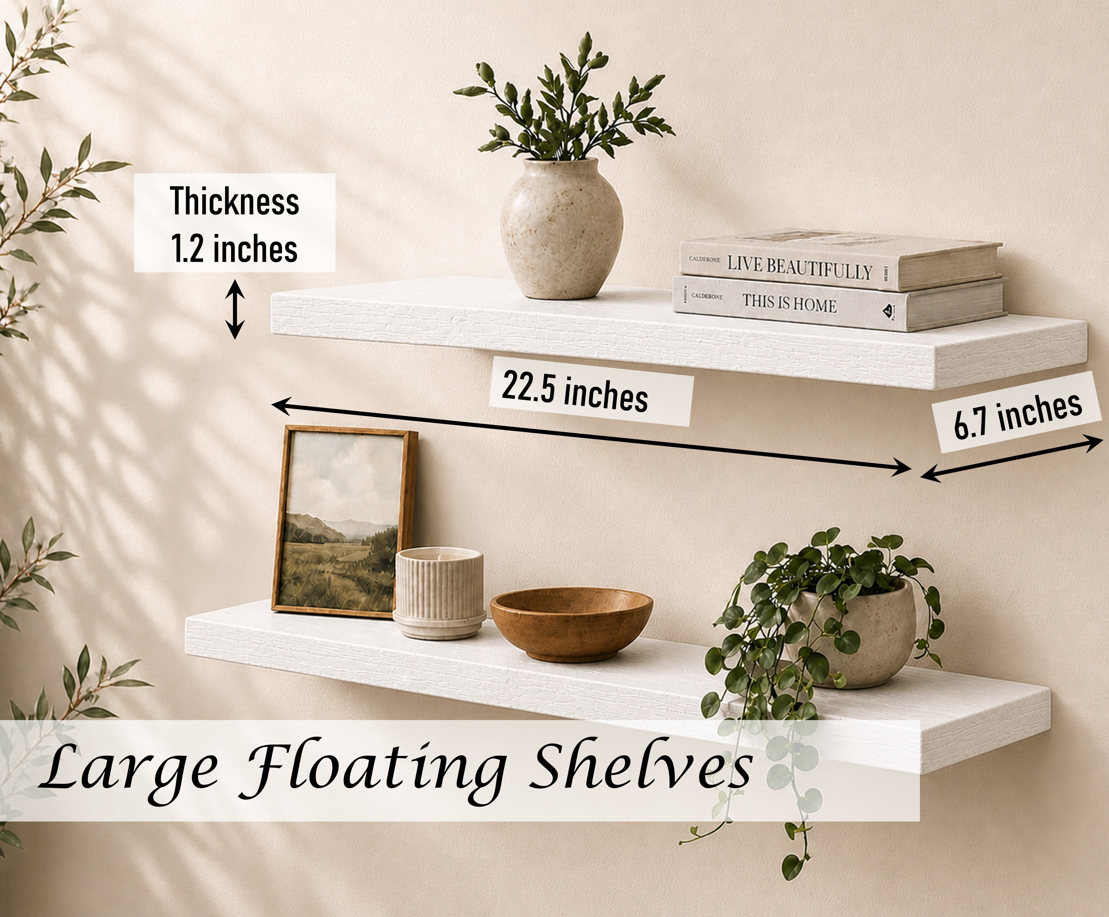 Induslyfe Large White Floating Wall Shelves, Wood Wall Mounted Shelf, Set, 22.5 x 6.7 in, Set of 2, shelf over toilet farmhouse decor