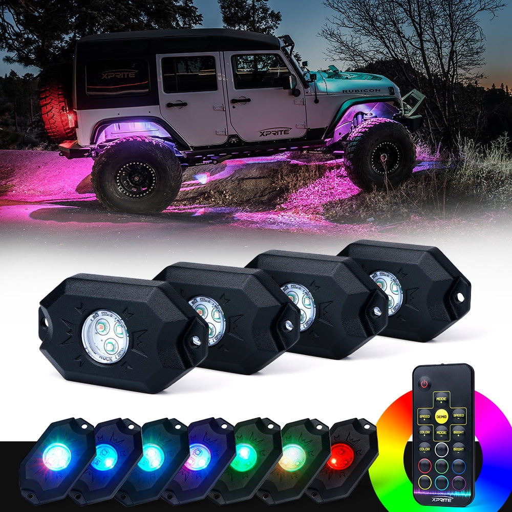Pack 4 Nicoko Multicolor RGB LED Rock Light Kits with remote control 10 solid colors Many Flashing Modes Neon Lights Under Off Road Truck SUV ATV Motorcycle wiring Harness,1 year warranty 