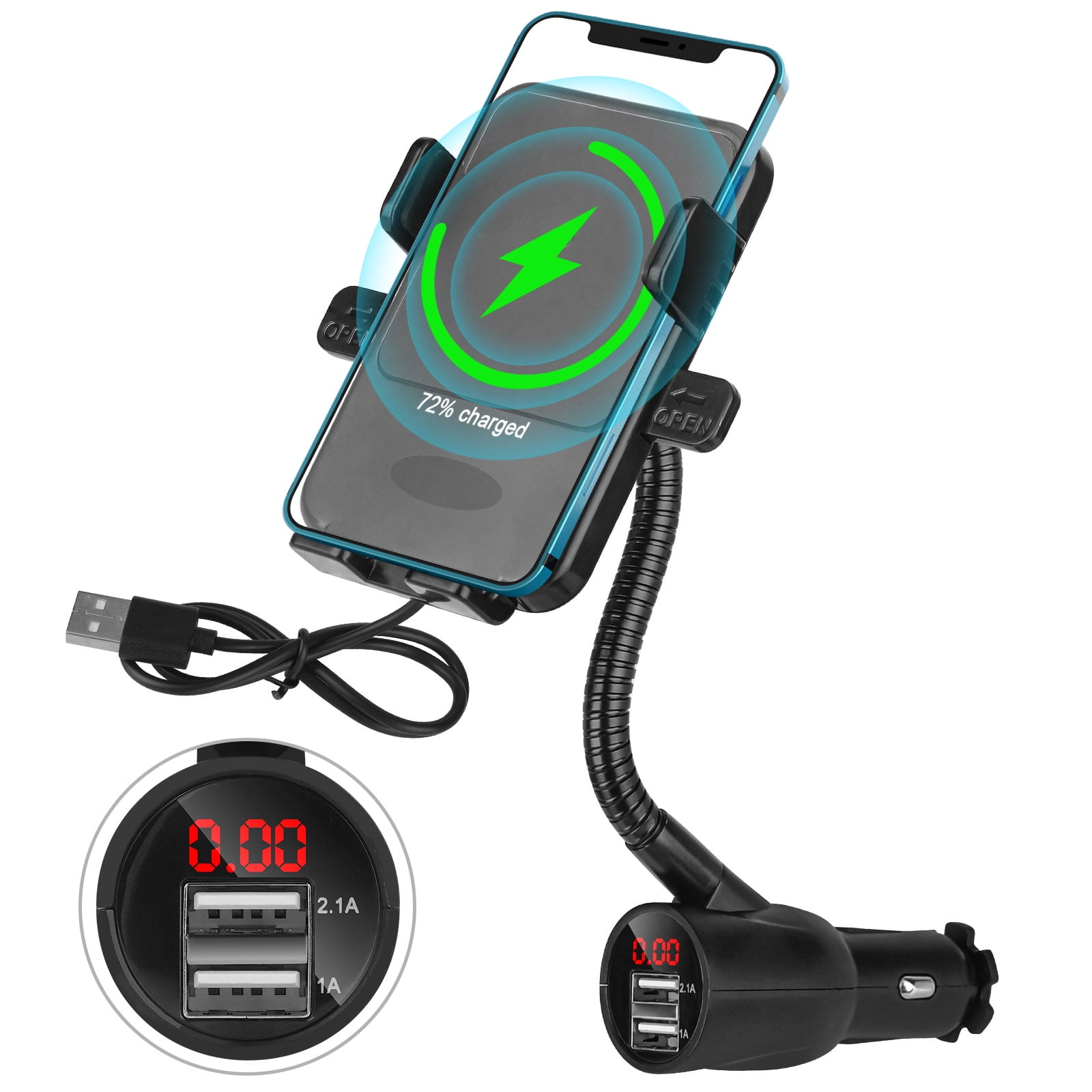 Car Wireless Fast Cellphone Charging Stand QI Charger Mount With Micro USB Cable