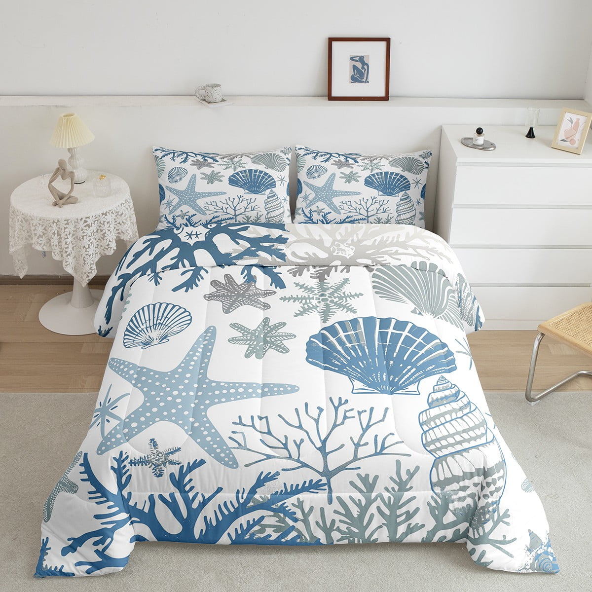 Nautical Coastal Comforter Set Blue Ocean Beach Twin Bedding Comforter Sets ,Seashell Starfish Quilt Conch Shell Coral Duvet Insert,Plain White Blue Room Decor