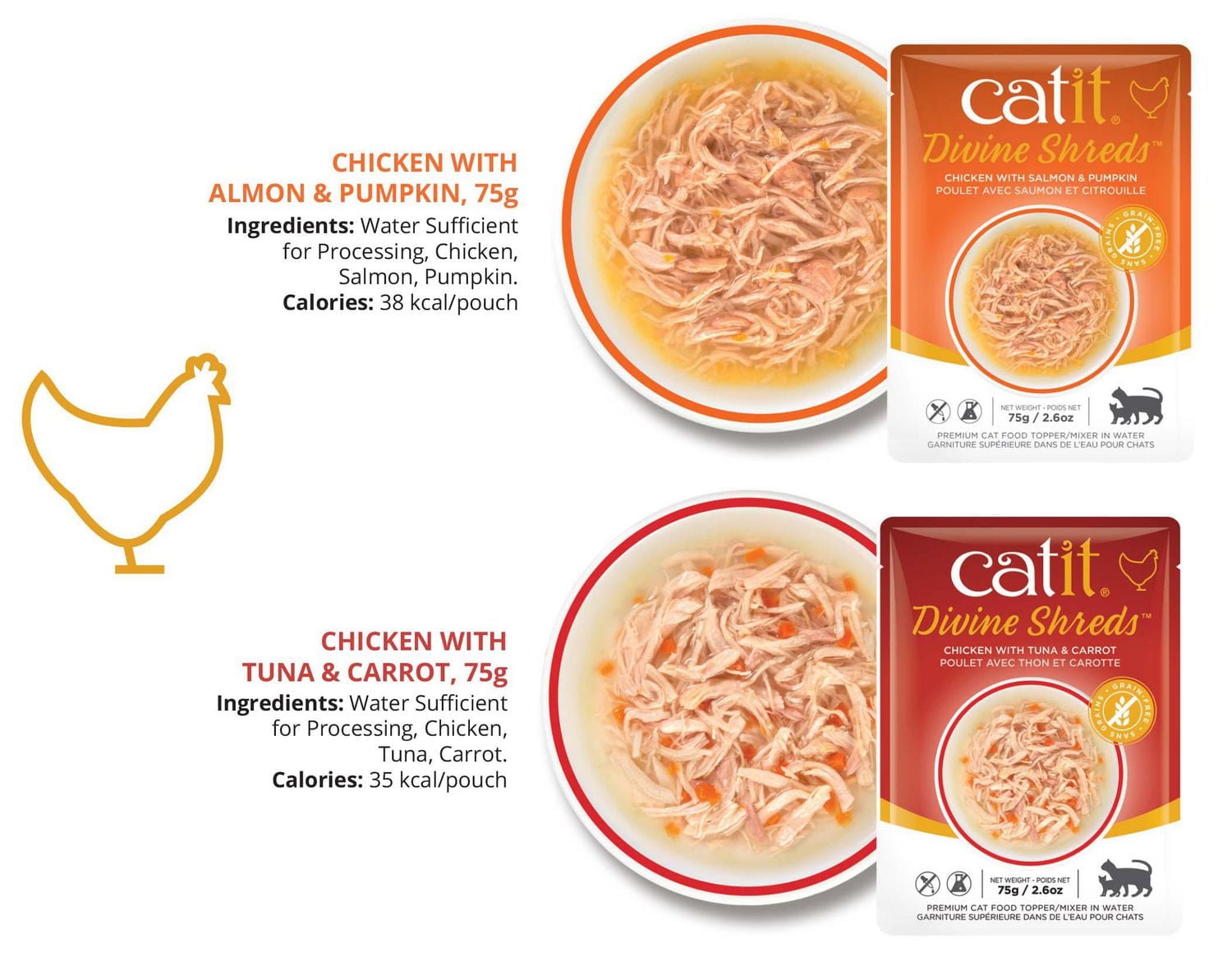 Garniture Divine Shreds pour chats, Poulet avec saumon et citrouille, 75 g