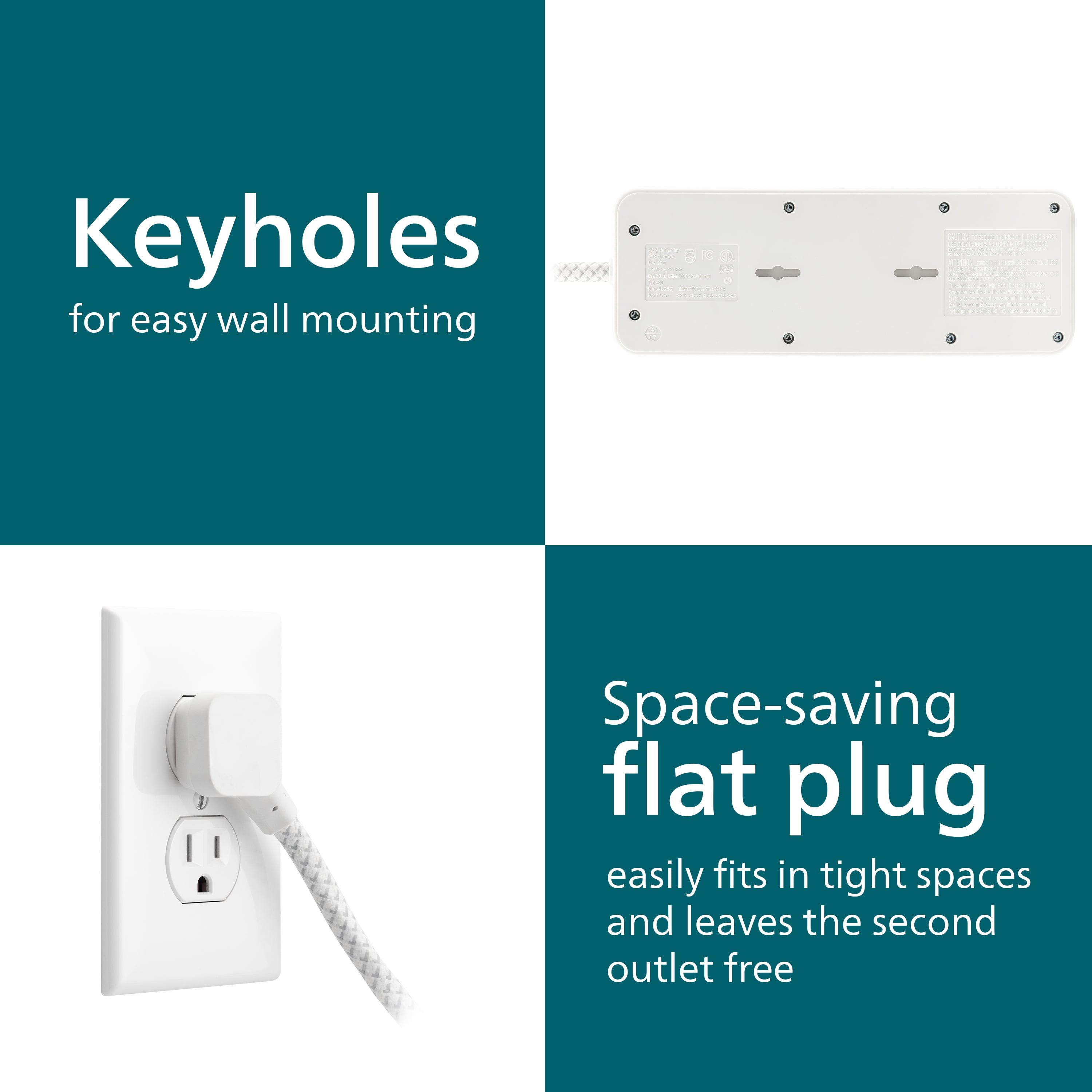 Philips 6-ft 7-Outlet Surge Protector, 1 USB-a, 1 USB-C, 15W, 1500J, Braided Cord, White