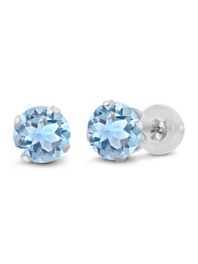 Genuine 3 Carat Natural 7mm Round Shaped Swiss Blue Topaz Stud Earrings In 925 Sterling Silver