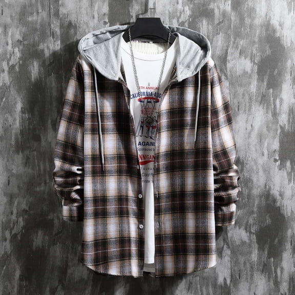 Snorda Plaid Jacket for Men Button Down Long Sleeve Shirt with Drawstring Hood Casual Soft Loose Comfy Versatile Jackets for Fall Winter Daily Layering Wear Outdoors Looks