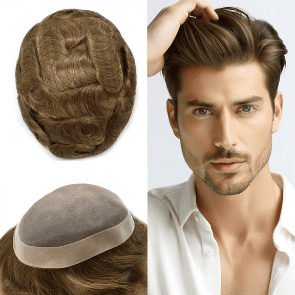 Toupee for Men Human Hair Replacement System 8"X10" Fine Mono Toupee Hair for Men Durable Monofilament Mens Toupee Hairpieces