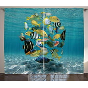Red Vow Fish Curtains, Shoal of Fish Forming a Circle Above a Sandy Seabed in Clear Water Caribbean Ocean, Curtain for Bedroom Dining Living Room 2 Panel Set, 104" W by 90" L, Multicolor
