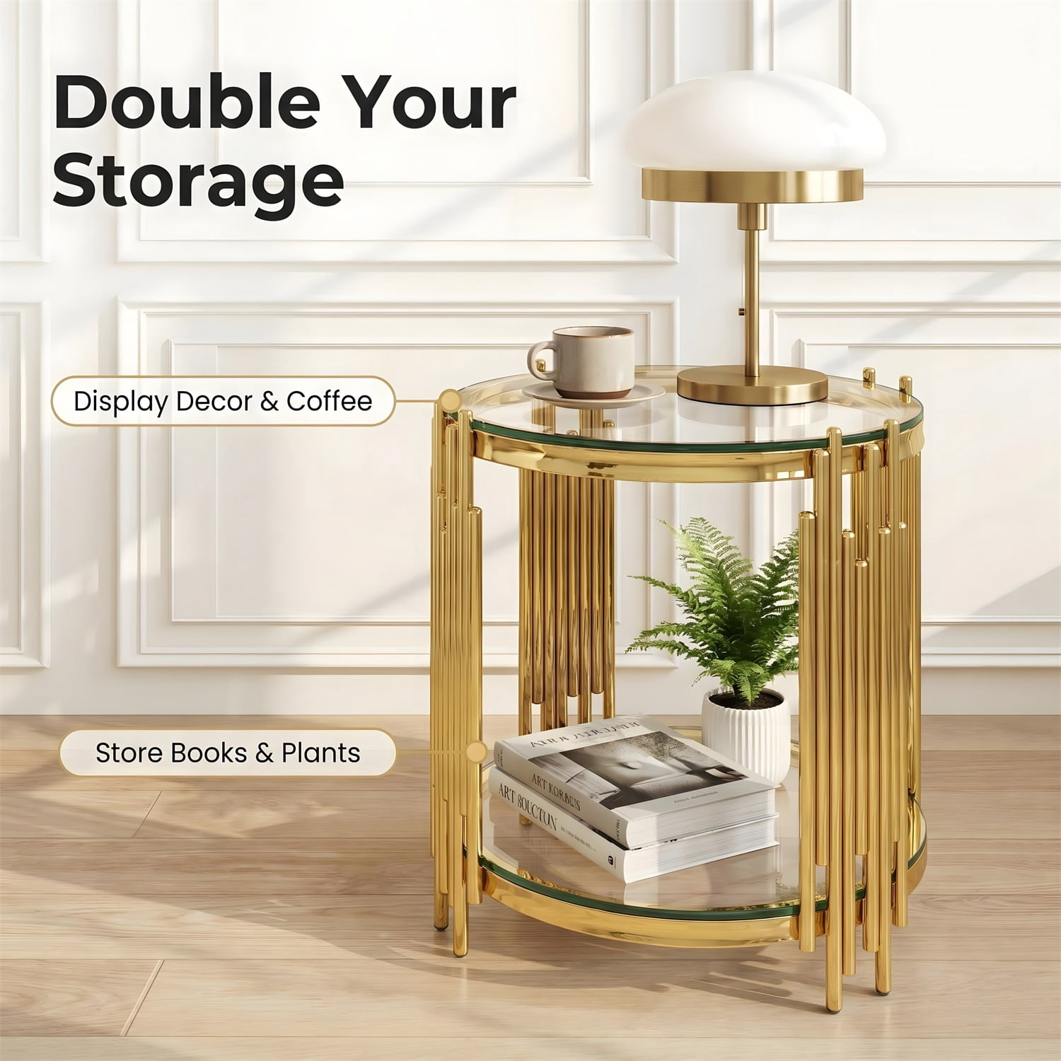 Hommoo 19.7 Inch Round Clear Glass End Table, 2-Tier Modern Luxury Side Table with Stainless Steel Organ-Pipe Base, Tempered Glass Top for Living Room, Bedroom & Home Office, Gold