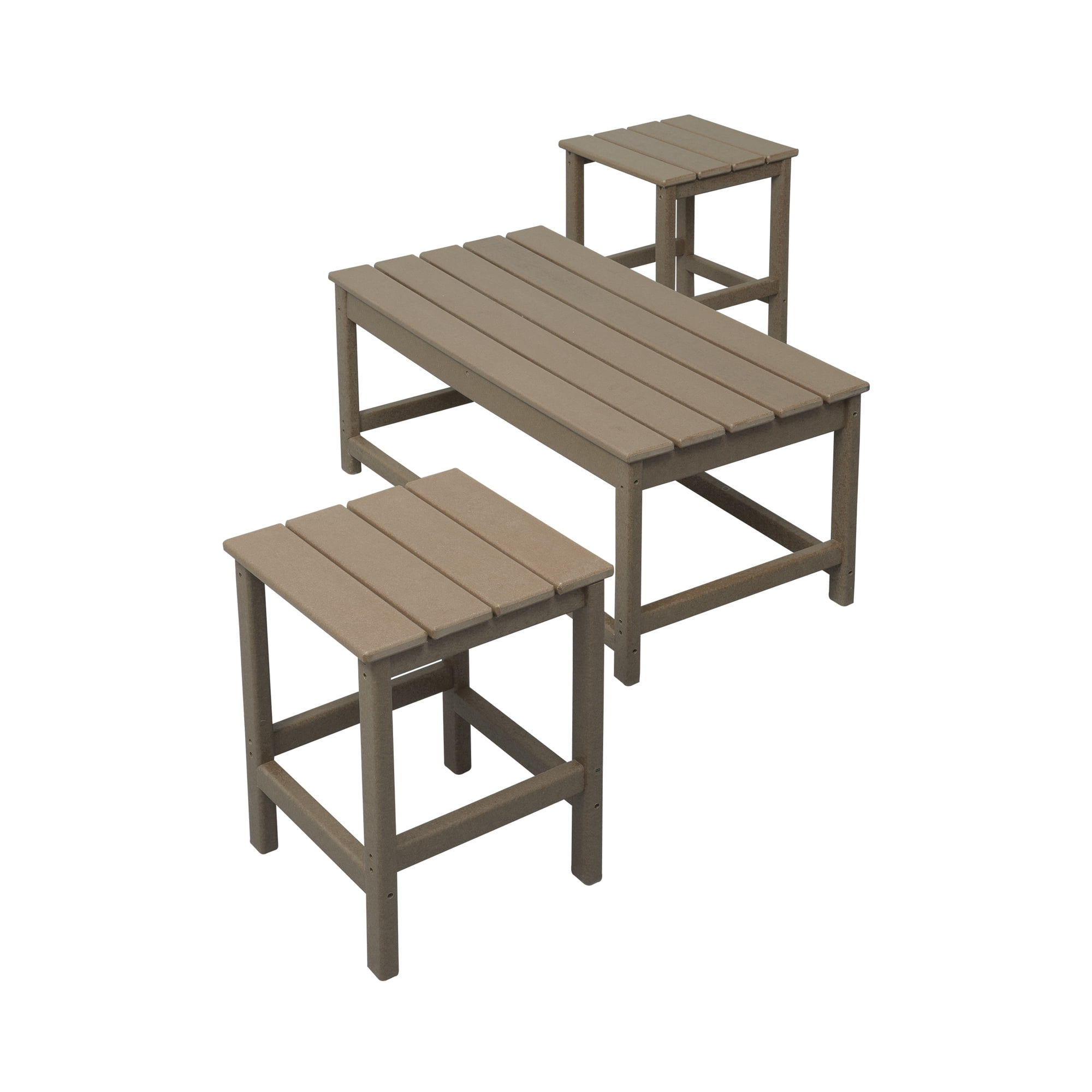WestinTrends Malibu 3-Pieces Outdoor Table Set Includes 1 Coffee Table and 2 Side Table All Weather Poly Lumber Adirondack Patio Furniture Set Weathered Wood