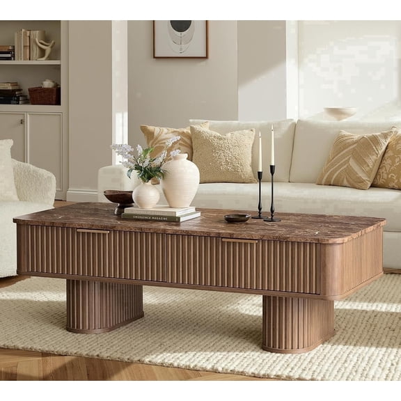 Rafasarr Boho Modern Fluted Faux Marble Top Coffee Table with Storage, Walnut