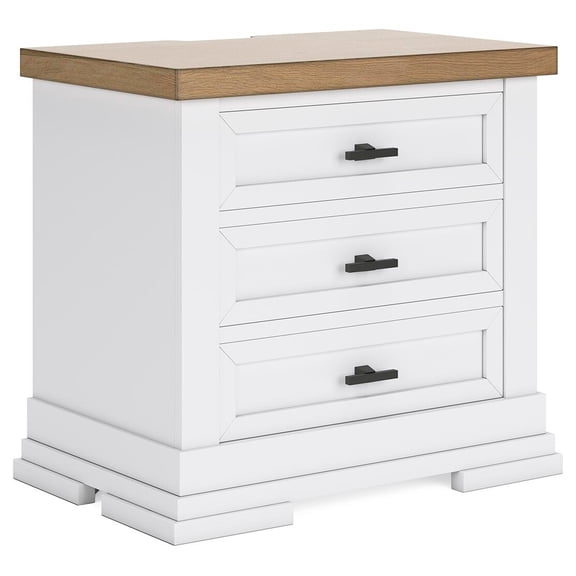 Signature Design by Ashley Ashbryn Three Drawer Farmhouse Style Nightstand – White & Natural Brown, USB Charging, Spacious Storage, Dovetail Drawers
