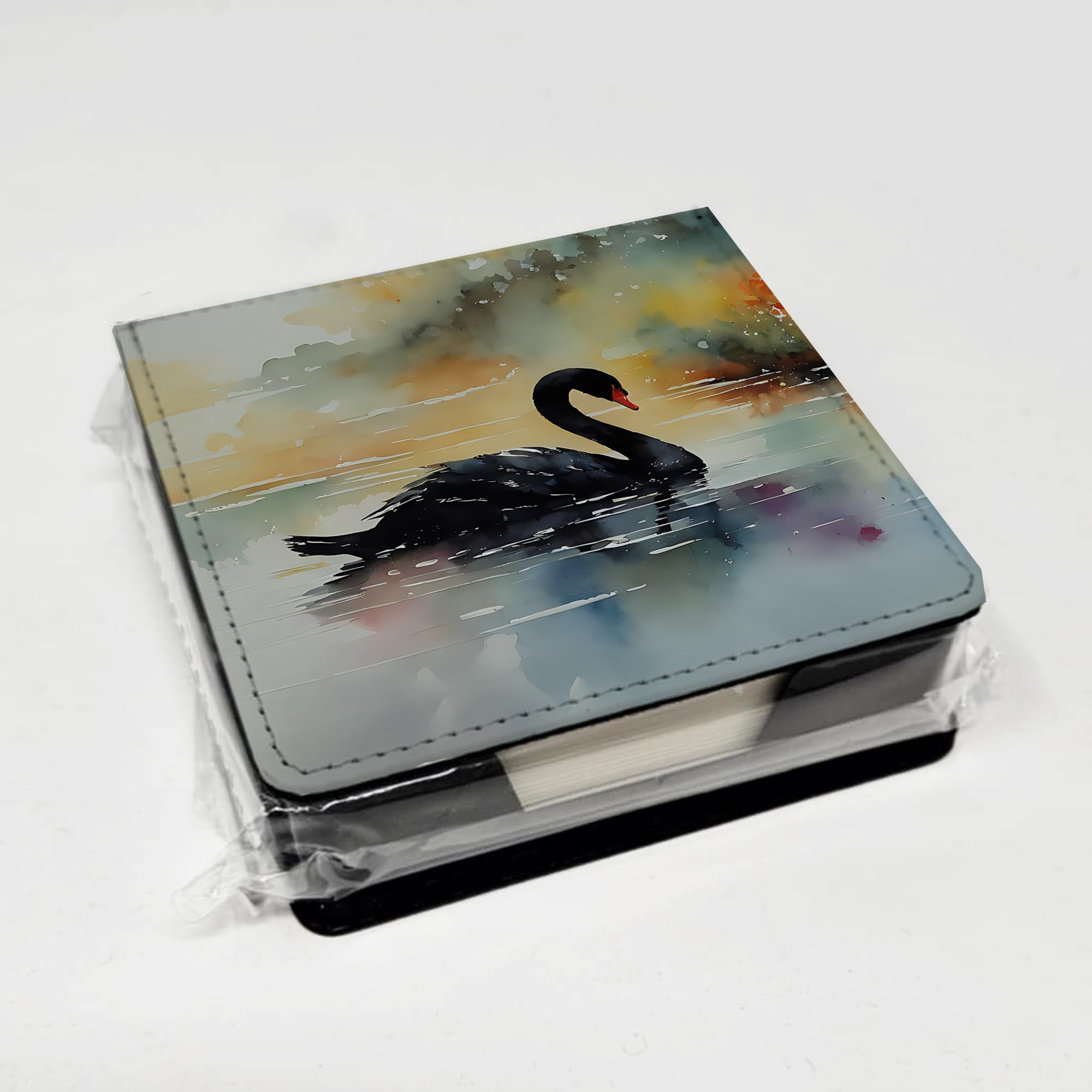 Caroline's Treasures Black Swan PU Leather Note Paper Holder with Artist-Designed Cover, Desk Accessory, Office Gift