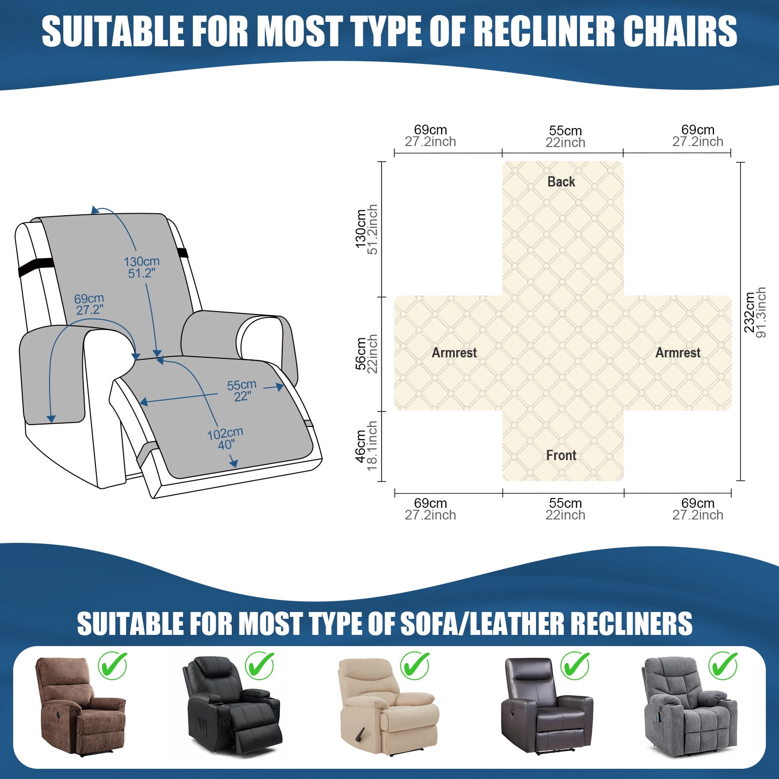 Timeles Waterproof Recliner Covers, Recliner Chair Covers with Leg Straps, Reversible Recliner Couch Cover for 1 Seat Reclining Sofa, Washable Chair Protector for Pets Kids(1 Seater 22", Coffee)