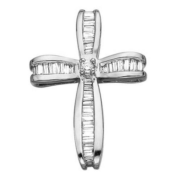14K White Gold 7/8 ct. Round and Baguette Cut Diamond Cross Pendant with Chain