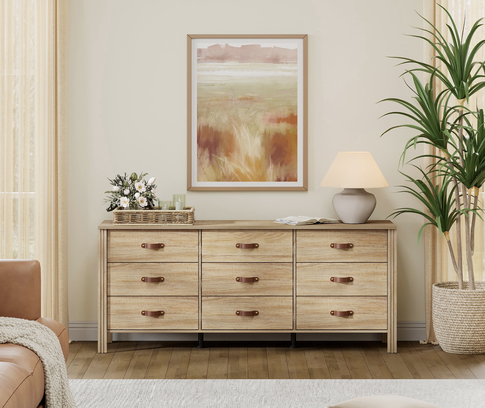 WAMPAT Farmhouse Dresser with 9 Drawers, Extra Wide Chest of Drawers, Modern Storage Organizer with Solid Wood Legs for Closet, Living Room, Nursery, Light Oak